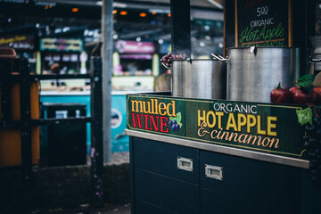 A closeup of a drink stall in Camden Market, London