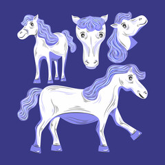 Cute blue little pony horse isolated on blue background.