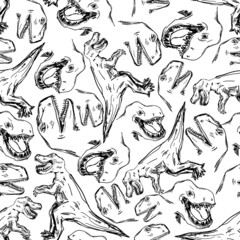 Seamless pattern of cute dinosaurs in monochrome style isolated on white background.