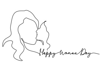 One continuous single line of happy woman day with daughter kiss mother isolated on white background.