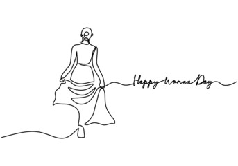 One continuous single line of happy woman day with lady wear gown isolated on white background.