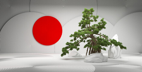 bonsai tree and stone white with red circle on white background presentation. 3d rendering