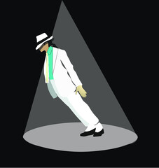 flat illustration. Dancer-singer resembling Michael Jackson in a white suit with a tie in the spotlight.