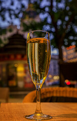 Sparkling cava wine at an al fresco bar in the center of Madrid, Spain at sunset