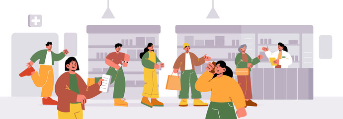 Queue in pharmacy, people line at drug store counter desk with pharmacist. Customers paying for medicine purchase, choose pills on shelves. Characters get medicine service Line art vector illustration