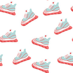 Sneakers seamless pattern. Sport shoes background. Hiking footwear and other shoes for training. Perfect for wrapping paper, textile, fabric prints. Vector cartoon hand draw  illustration