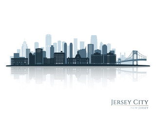 Jersey City skyline silhouette with reflection. Landscape Jersey City, New Jersey. Vector illustration.