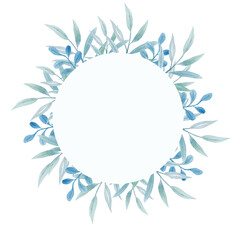 Watercolor invitation design with leaves, background with floral elements, botanic watercolor illustration. wreath, round frame.