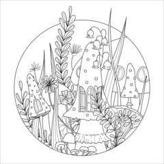 Mushroom village in the forest. Hand drawn coloring page.