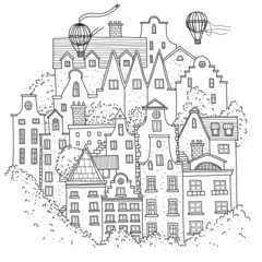 Old europe city with trees and balloons. Hand drawn coloring page.