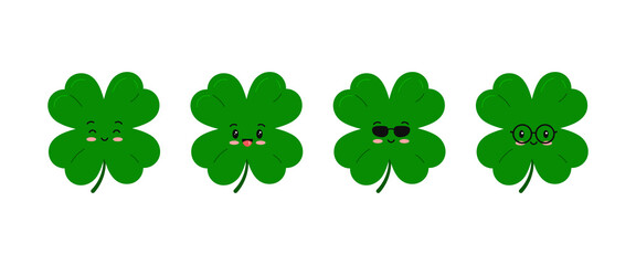 Cute clover four leaf kids character set isolated on white background. Green kawaii emoji 4 leaves clover lucky emoji mascot Flat design cartoon vector illustration. 