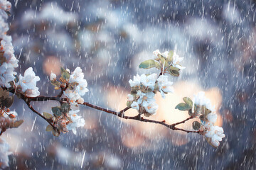 spring rain in blooming garden, concept freshness nature weather seasonal background