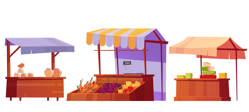 Local food market stalls with honey, vegetables and cheese. Vector cartoon set of street wooden kiosks with farm produce on counter and in crates. Marketplace tents with organic products