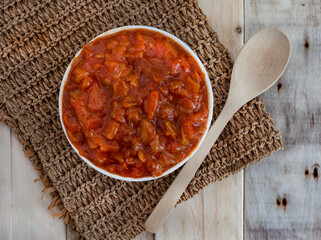 South African vegetable relish or side dish called Chakalaka, originating from townships - obrazy, fototapety, plakaty