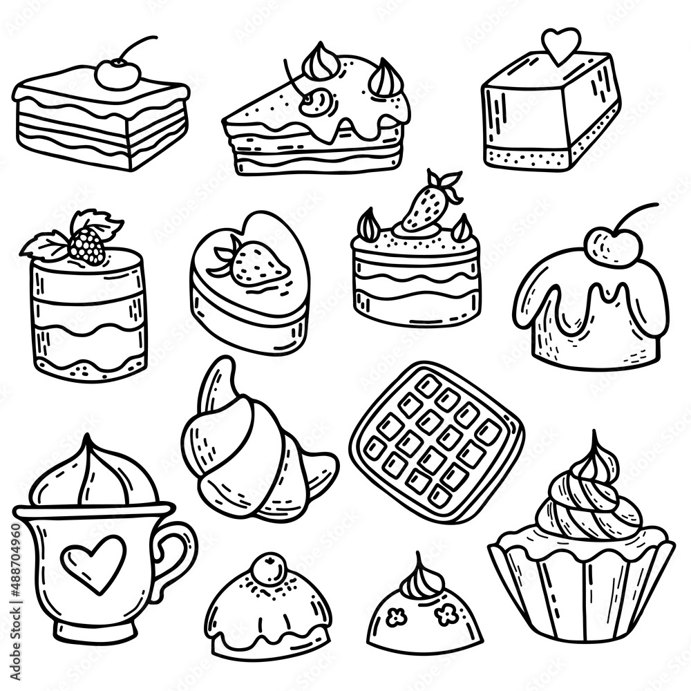 Wall mural big set of confectionery and sweets. waffle and croissant, dessert and brownies with berries, cake a