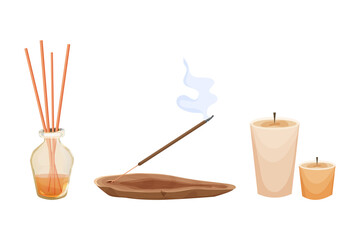 Aroma stick on wooden incense burner with smoke, candles, joss in cartoon style isolated on white background . Aromatherapy and meditation, 
