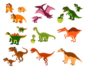 a set of cute cartoon dinosaurs and their children. vector isolated on a white background