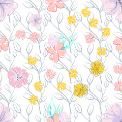 Pink Flowers Blooming Pattern. Pastel Watercolor.