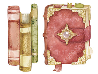 Watercolor illustration of an ancient magic book of spells and a stack of alchemy books. Isolated on white background.