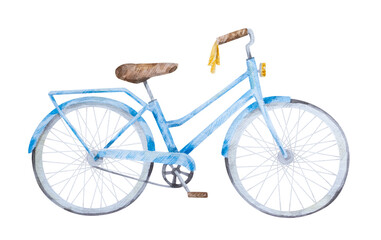 Blue bicycle. Watercolor illustration of vintage bike. Hand-drawn picture for decoration
