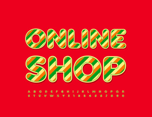 Vector creative logo Online Shop. Bright striped Font. Alphabet Letters and Numbers set with line print