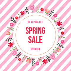 Spring sale up to 50% off decorative background with floral round. Flat vector illustration. Template for promotion, marketing, advertising
