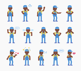Fototapeta premium Set of auto mechanic, worker or courier characters showing various emotions. Modern vector illustration