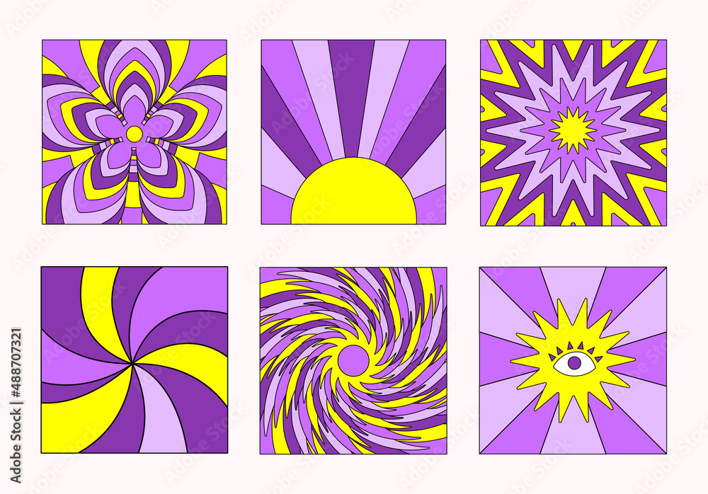 Poster Trendy colorful set of square retro psychedelic backgrounds in style 60s, 70s. Abstract set hippie cards in yellow and purple colors. Vector illustration	