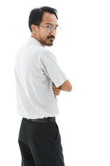 Portrait isolated cutout studio shot of Asian happy bearded and frontal baldness male businessman standing smiling look at camera holding hand up on white background.