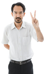 Portrait isolated cutout studio shot of Asian bearded and frontal baldness male businessman standing smiling look at camera holding hand up showing two fingers peace sign symbol on white background