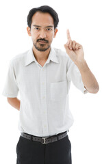 Naklejka premium Portrait isolated cutout studio shot of Asian bearded and frontal baldness male businessman standing smiling look at camera holding hand up showing one fingers on white background