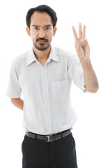 Portrait isolated cutout studio shot of Asian bearded and frontal baldness male businessman standing smiling look at camera holding hand up showing three fingers on white background
