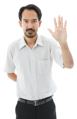 Naklejka premium Portrait isolated cutout studio shot of Asian bearded and frontal baldness male businessman standing smiling look at camera holding hand up showing five fingers on white background