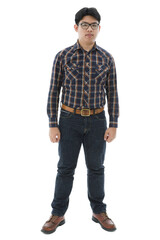 Naklejka premium Portrait isolated cutout closeup studio shot of Asian male entrepreneur boss businessman in casual plaid shirt standing look at camera on white background