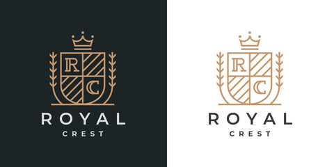 Elegant royal crest heraldry logo. Vintage heraldic business monogram emblem line icon. Coat of arms royalty crown shield symbol. Vector illustration. - obrazy, fototapety, plakaty