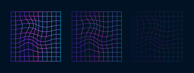 A set of distorted square holographic grids of different thicknesses. Abstract warps deformed. Vector illustration of cyber wavy gradient on cells.