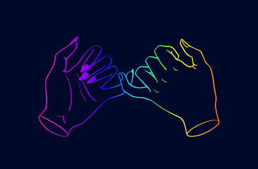 Pinky promise. Rainbow outline of a pair of hands. Vector illustration of a friendly swearing gesture. Hands on a dark background.