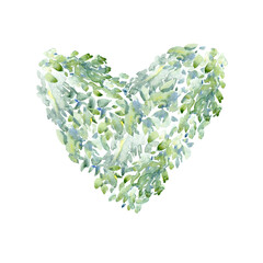 Frame of heart of a birch branches. Green floral border. Valentine's Day.Watercolor hand drawn illustration.White background.	 - 488707566