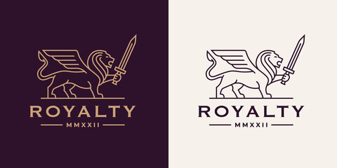 Royal lion wing sword logo. Elegant animal line icon. Heraldic Leo symbol. Heraldry business brand identity concept strength symbol. Vector illustration. © JoelMasson