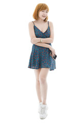 Isolated cutout studio full body shot of Asian young sexy blonde short hair female fashion model in...