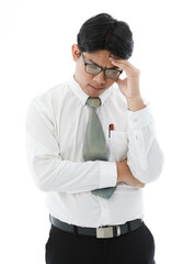 Isolated cutout studio shot of Asian stressed depressed upset male employee businessman in business outfit with necktie holding hand cover head crossed arm has migraine headache on white background