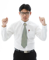Portrait isolated cutout studio shot of Asian young professional successful male employee businessman in formal business outfit with necktie look at camera on white background.