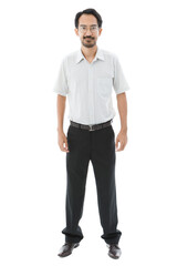 Fototapeta premium Portrait isolated cutout studio shot of Millennial Asian slim bearded and frontal baldness male businessman in formal outfit and eyeglasses standing look at camera on white background