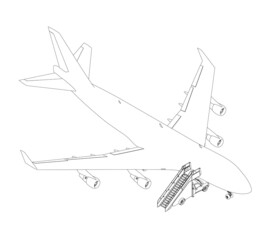The contour of a passenger plane with an approached ladder for disembarking people from black lines isolated on a white background. Isometric view. Vector illustration
