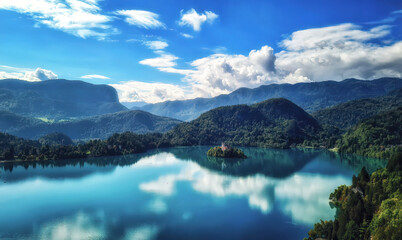 Assumption of Mary Pilgrimage Church in the middle of Lake Bled Slovenia.