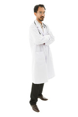Portrait isolated cutout studio shot Asian middle aged professional successful experienced male doctor in lab coat with stethoscope and eyeglasses standing hold hands in pockets on white background