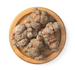 Dried notoginseng in the wooden bowl,  isolated on white background, top view