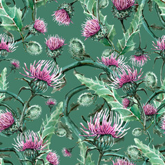 watercolor illustration seamless pattern,bursting flowers of burdock,thorn,leaf and twisted stem,for wallpaper or fabric