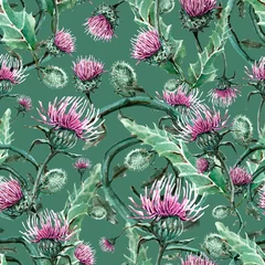 Fototapete Rund watercolor illustration seamless pattern,bursting flowers of burdock,thorn,leaf and twisted stem,for wallpaper or fabric © Александра Юферева