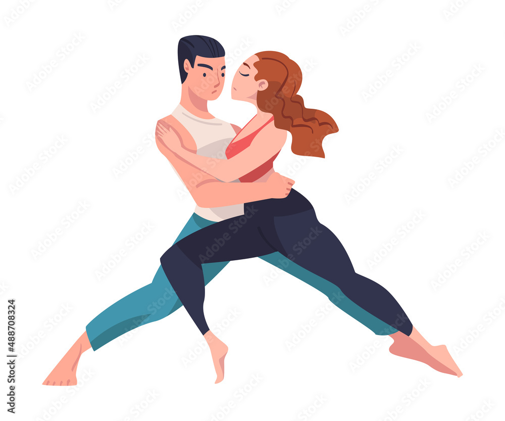 Sticker Dancing Couple Performing Dance at Choreography Class Vector Illustration